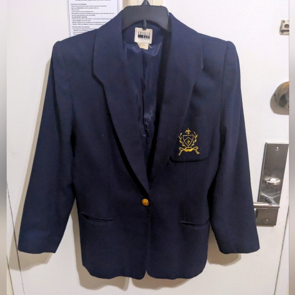 Leslie Fay Vintage Navy Blue Blazer with Gold Embroidered Crest